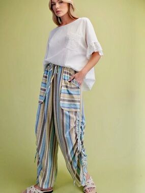 easel Striped Straight-Leg Pants in Blue, Olive & Cream